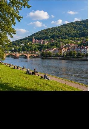 Neckarwiese in Heidelberg mit Blick auf Brücke und Schloss