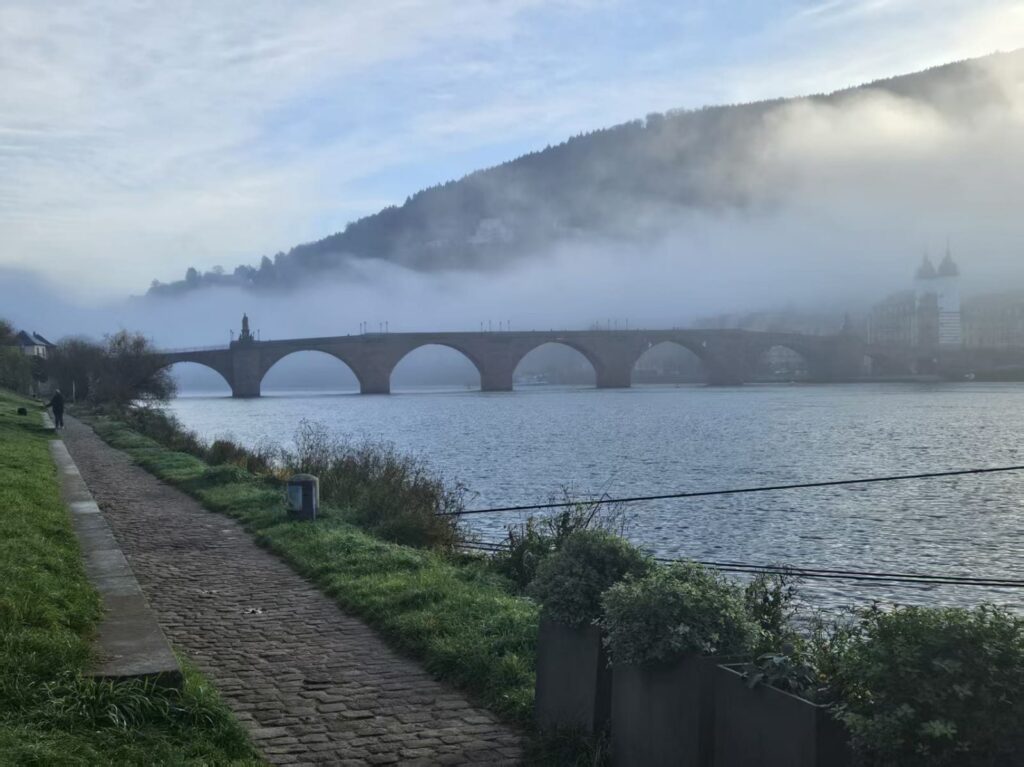 Alte Brücke in Heidelberg im Morgennebel